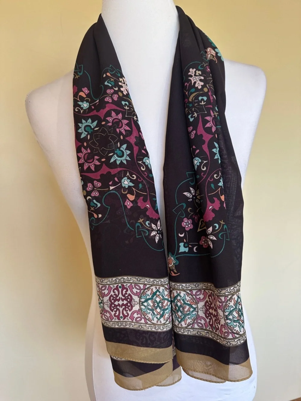 Eggplant Plum Scarf Floral Beige Border Teal Pink Lightweight Wrap by Alvise